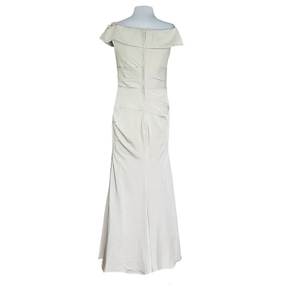 La Femme Off the Shoulder Ruched Satin Trumpet Gown in Champagne Women's Size 8